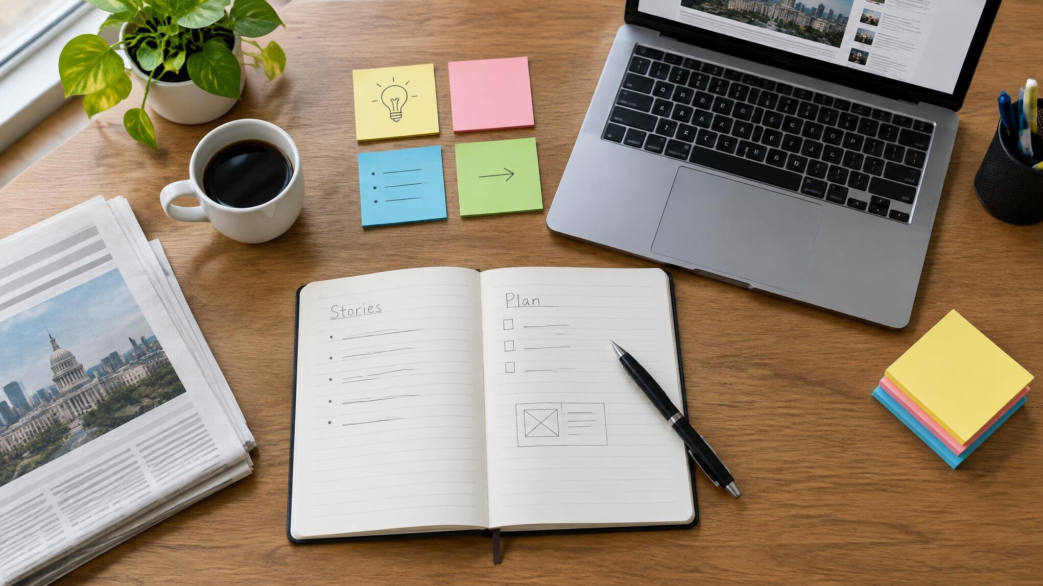 Desk with notebook and pen for editorial planning