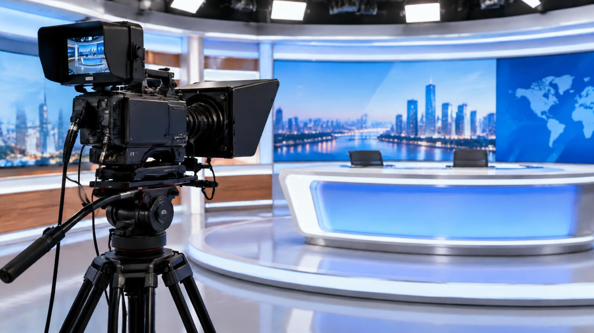 Professional video camera on a tripod in a television studio