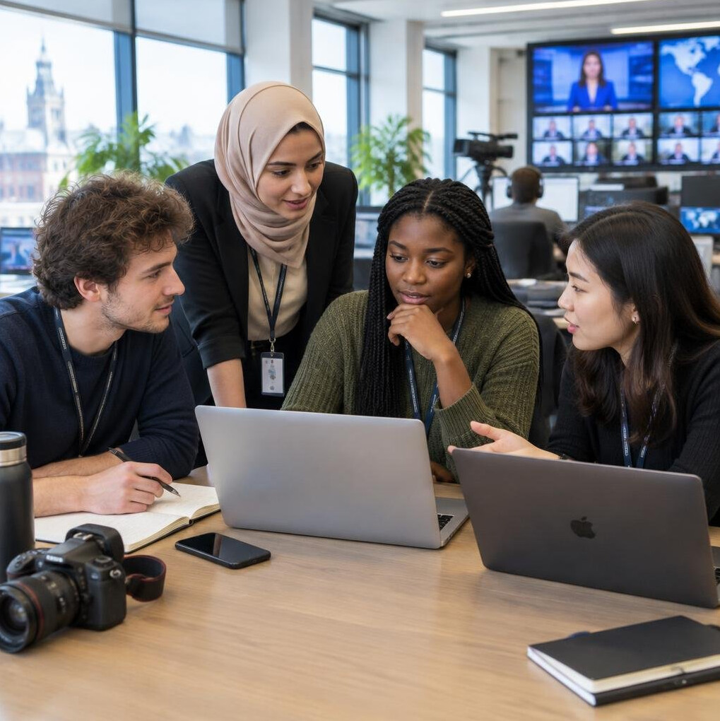 Team of journalists working together on laptops