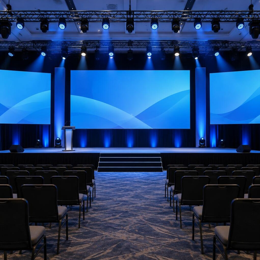 Conference stage with lighting and screens