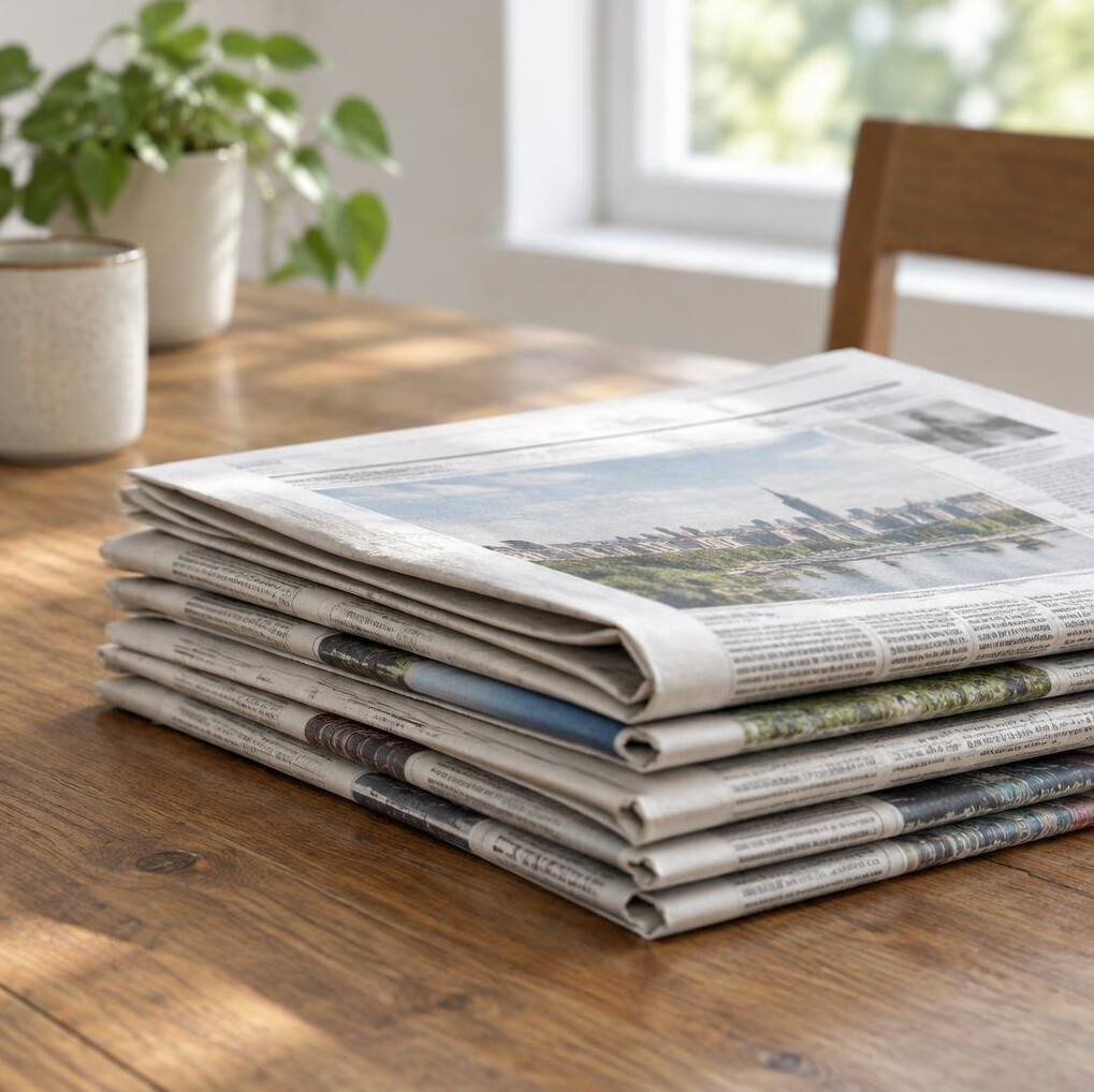 Stack of newspapers on a table
